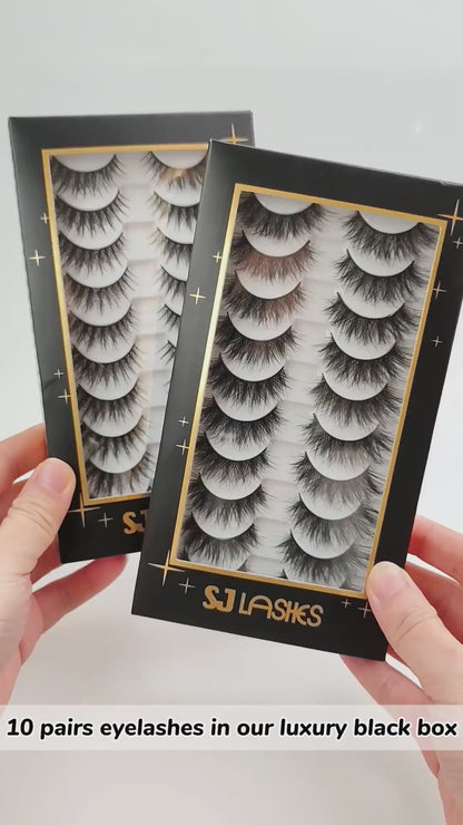 Fluffy Faux Mink False Eyelashes 10 Pairs - C-Curl, Waterproof & Hypoallergenic Fake Lashes (Black)