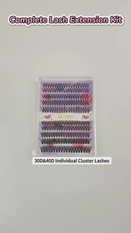 Complete DIY Eyelash Extension Kit - 30D & 40D Individual Cluster Lashes with Waterproof Adhesive, Remover and Tools (D Curl)