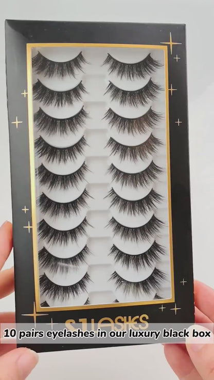 Fluffy Faux Mink False Eyelashes 10 Pairs - C-Curl, Waterproof & Hypoallergenic Fake Lashes (Black)
