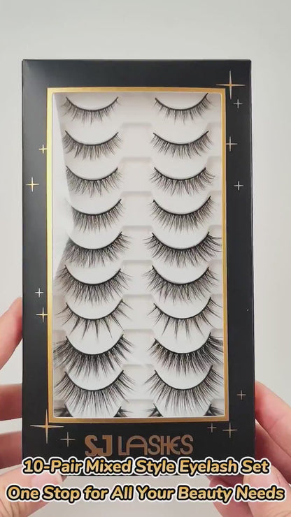 SJ Lashes 10 Pairs 3D False Eyelashes Kit Mixed Styles Natural to Fluffy Volume Lash Set with Glue and Tweezers